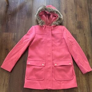 J Crew Pink Hooded Coat with Faux Fur Trim
